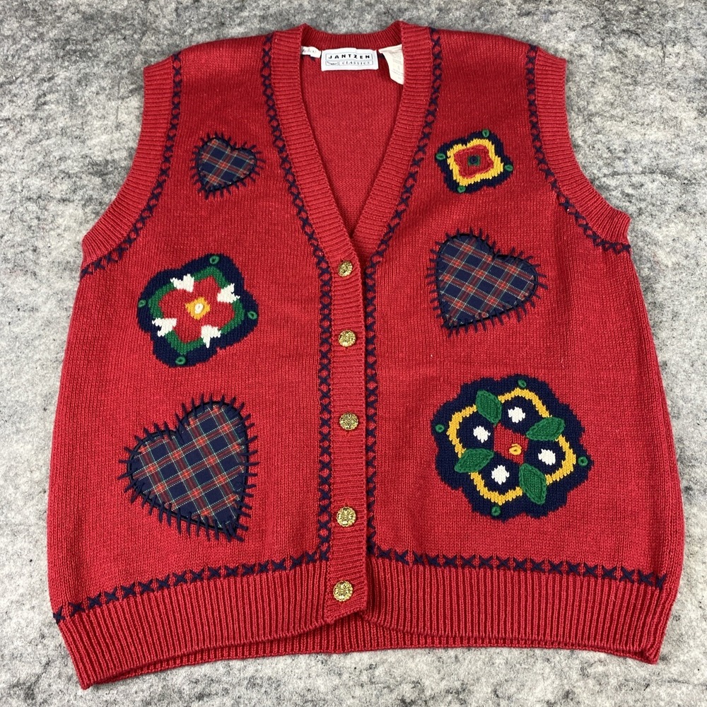 Vintage Jantzen Women's L Red Sweater Vest Button Up Hand Embroidered Grannycore